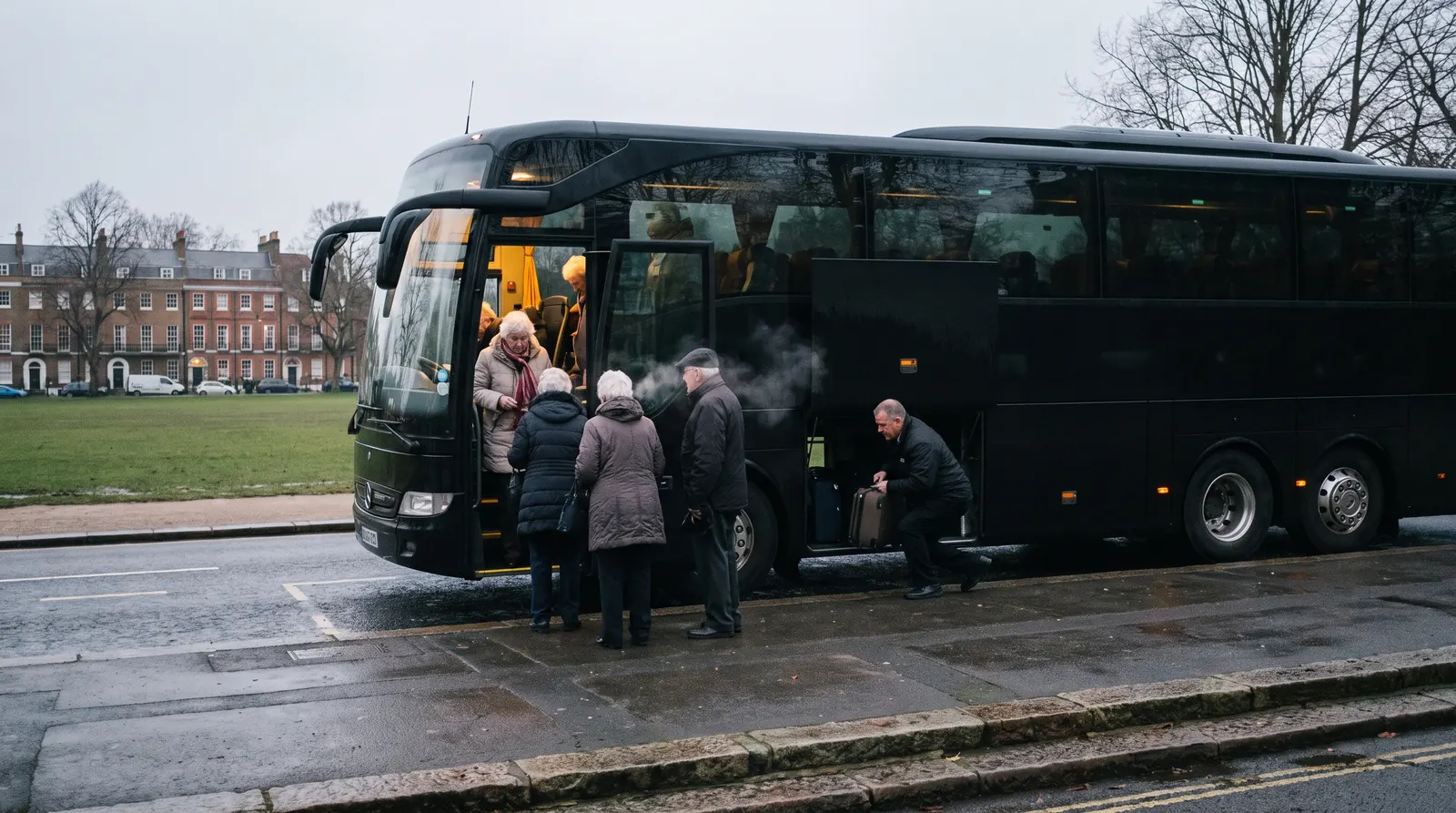A black executive coach at the kerb on the road beside Richmond Green on an overcast winter afternoon, an older tour group boarding unhurriedly while the driver loads a case into the luggage bay