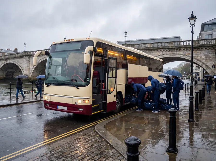 A cream and burgundy touring coach at the kerb on the road at the foot of Richmond Bridge in steady rain, a sports team in matching tracksuits loading kit bags into the luggage bay under umbrellas, the stone arched bridge and riverside terraces behind