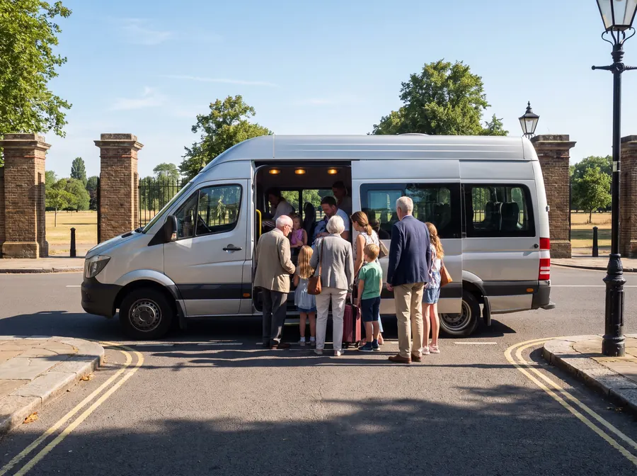 A silver-grey 16-seat minibus at the kerb by the brick gate piers of Richmond Gate on a bright summer morning, an extended family of grandparents and children boarding with suitcases, open parkland behind