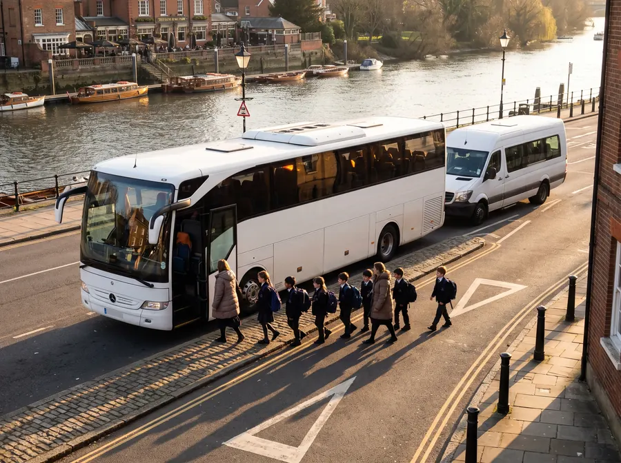A white touring coach with a minibus parked behind it on the riverside road at Richmond in low golden late-afternoon sun, a school group in uniform boarding in a line while two teachers count them on, the Thames and moored boats below